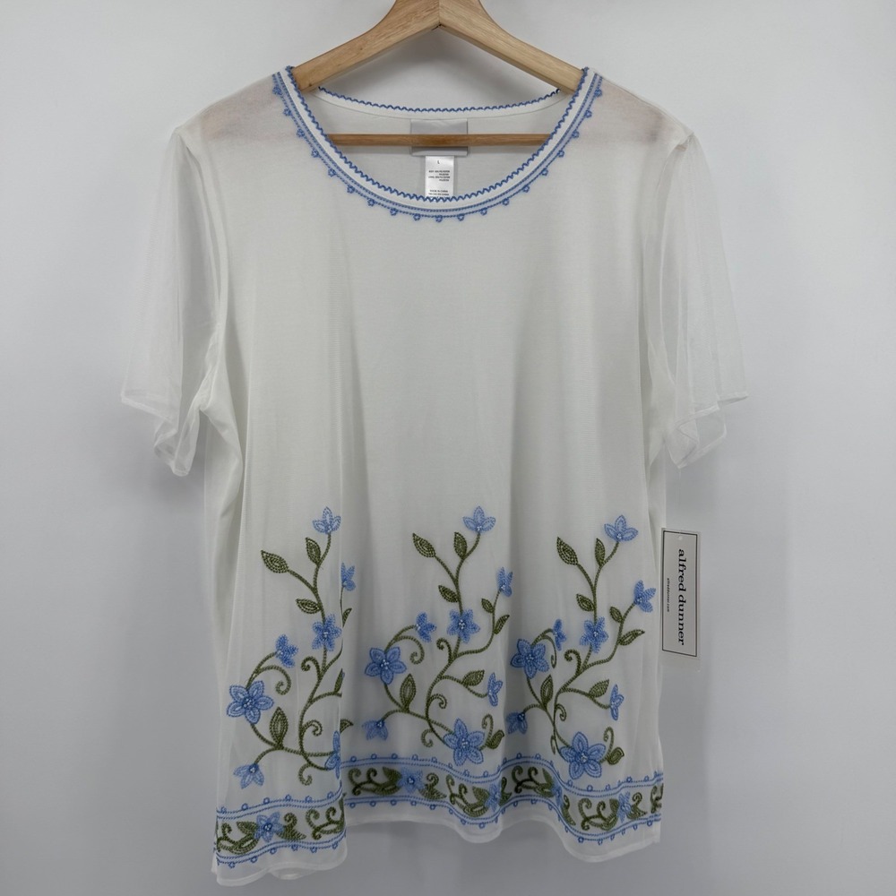 Alfred Dunner Top Womens Large White Southampton Floral Embroidered Beaded Mesh